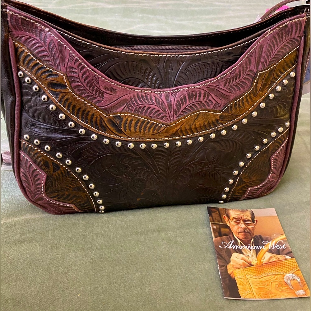American West purse shoulder bag tooled genuine leather outside pocket OSP